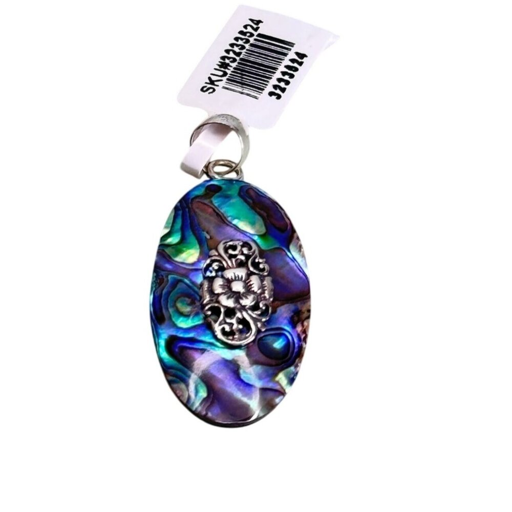 Sterling Silver Oval Abalone Pendant With Floral Accent By DJoy - Picture 3 of 4